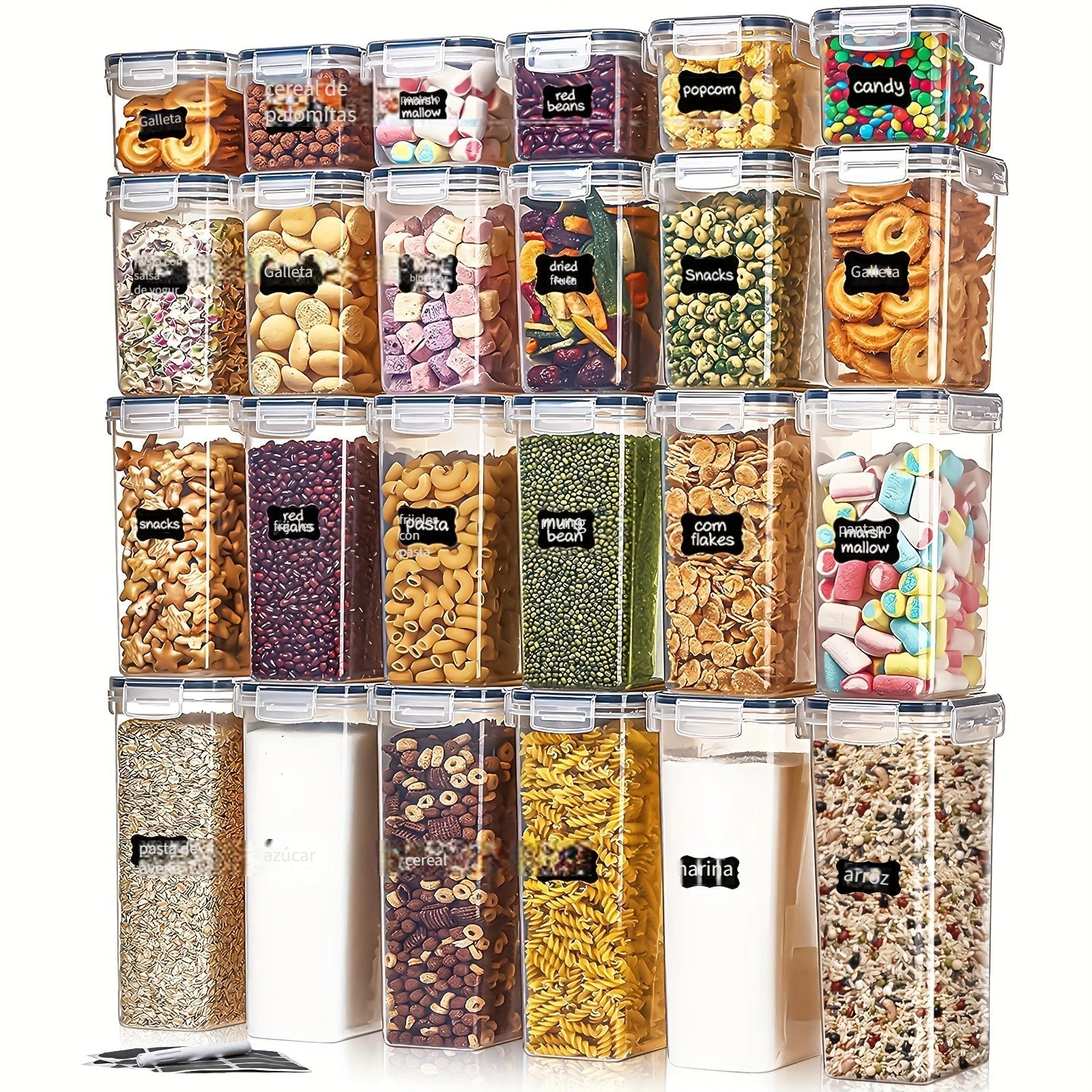 Juego de 24 contenedores herméticos para alimentos, libres de BPA, con tapa, organizadores de despensa, aptos para lavavajillas, incluye etiquetas y marcador, ideal para cereales, arroz, té, frutos secos, suministros de cocina