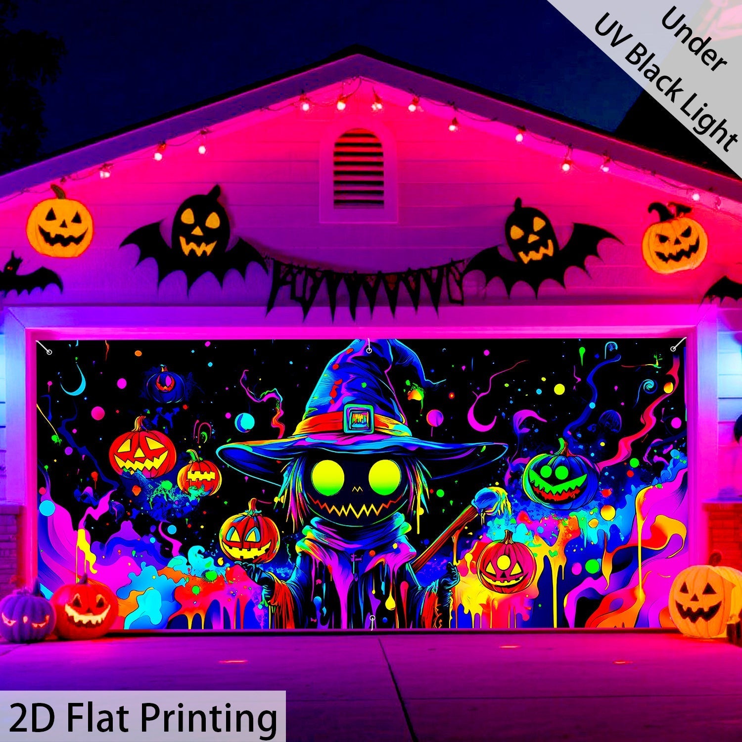 Una figura de calabaza vibrante de tamaño grande que brilla bajo luz UV, perfecta para Halloween. Esta decoración de puerta de garaje de poliéster sirve varios propósitos festivos y es adecuada para decorar el hogar y el jardín. Es fácil de colgar (la im