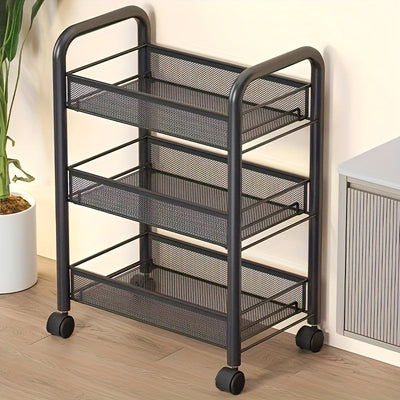 1 pieza de 3 niveles de carrito de almacenamiento de metal negro con poleas - Organizador versátil para cocina, dormitorio, baño, oficina y sala de estar, estante de canasta de alambre duradera, ensamblaje fácil, unidad de estantería versátil | Acabado m