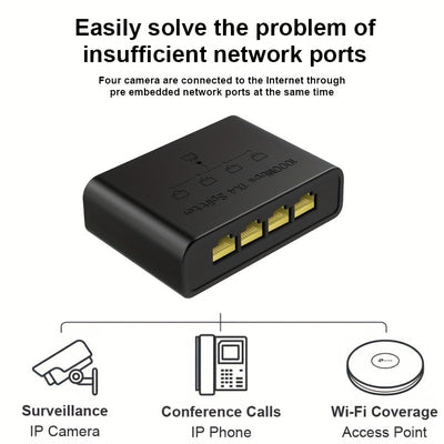 El conmutador de red y el extensor de cables soportan hasta un gigabit, permitiendo que un cable se expanda a cuatro puertos. Es plug-and-play, ampliamente compatible, tiene una gran capacidad de potencia, una fuerte disipación de calor, un rendimiento e