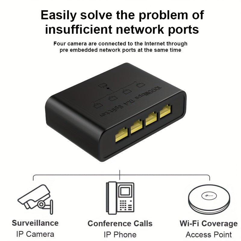 El conmutador de red y el extensor de cables soportan hasta un gigabit, permitiendo que un cable se expanda a cuatro puertos. Es plug-and-play, ampliamente compatible, tiene una gran capacidad de potencia, una fuerte disipación de calor, un rendimiento e