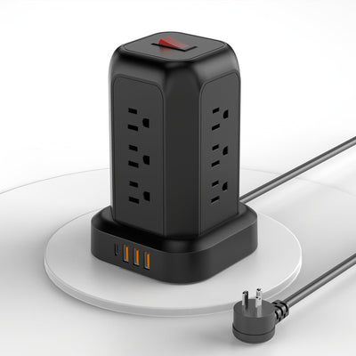 Una regleta de alimentación negra con protección contra sobretensiones, que incluye 12 tomas de CA, 3 puertos USB y 1 puerto tipo C, junto con un cable de extensión de 5 pies, adecuado para el hogar, la oficina, la cocina, el garaje y el dormitorio, maxi