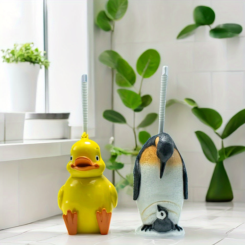 Juego de Cepillo de Baño Ahorra Espacio con Patito y Pingüino con Soporte - Fácil Limpieza, Diseño Compacto para Almacenamiento en el Baño, Mango de Resina Duradero, Idea de Regalo Perfecta