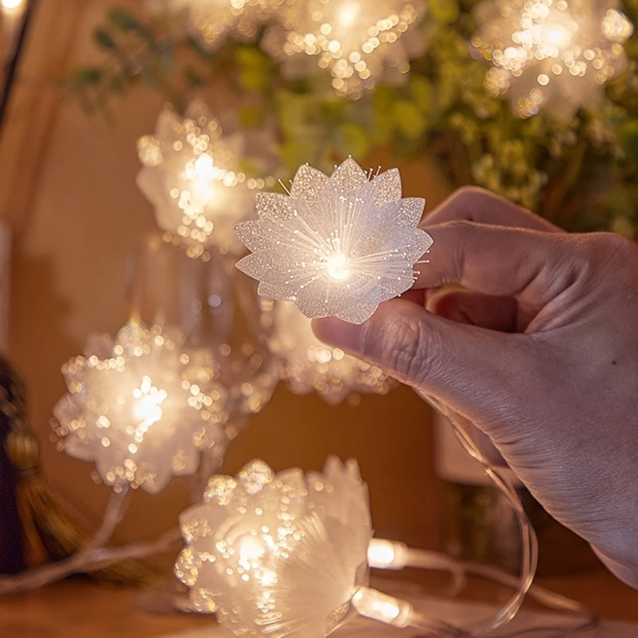 1 pieza de guirnalda de flores artificiales con luces LED de fibra óptica encantadoras - Funciona con pilas, flores blancas brillantes para decoración en San Valentín, bodas y Año Nuevo, control táctil, efecto centelleante, pequeñas luces para decoración