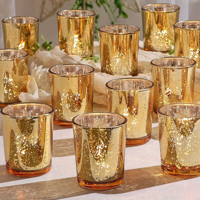 Set of 12 Golden Glass Tealight Candle Holders, Elegant Table Decoration for Party, Wedding, and Holiday Celebrations - Durable Glass Material for Lasting Use