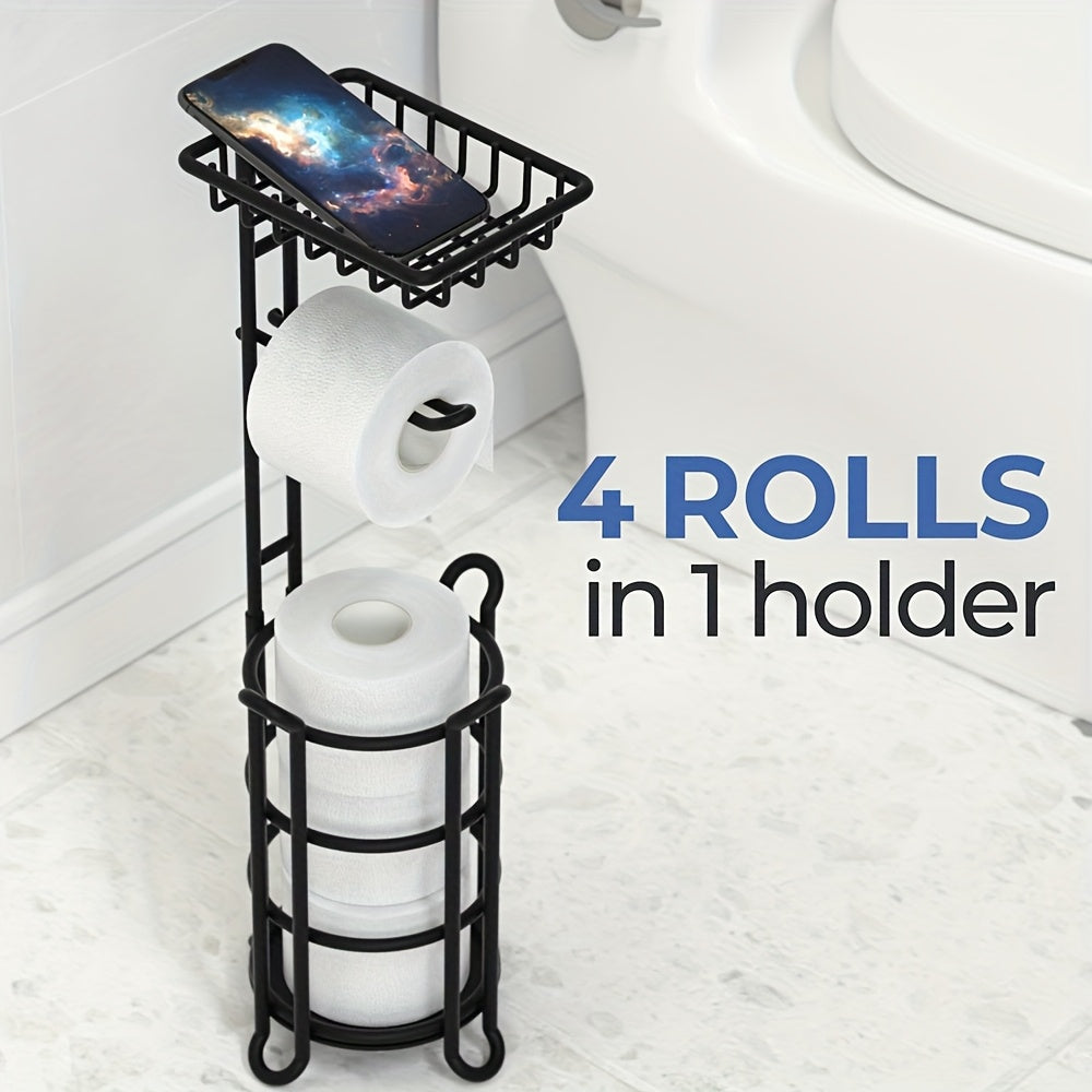 Soporte para papel higiénico de hierro forjado pintado, independiente, con estante adicional para rollos gigantes, teléfono, toallitas y difusor, instalación con adhesivo, para baño