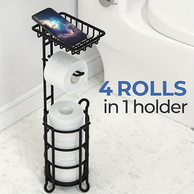 Soporte para papel higiénico de hierro forjado pintado, independiente, con estante adicional para rollos gigantes, teléfono, toallitas y difusor, instalación con adhesivo, para baño