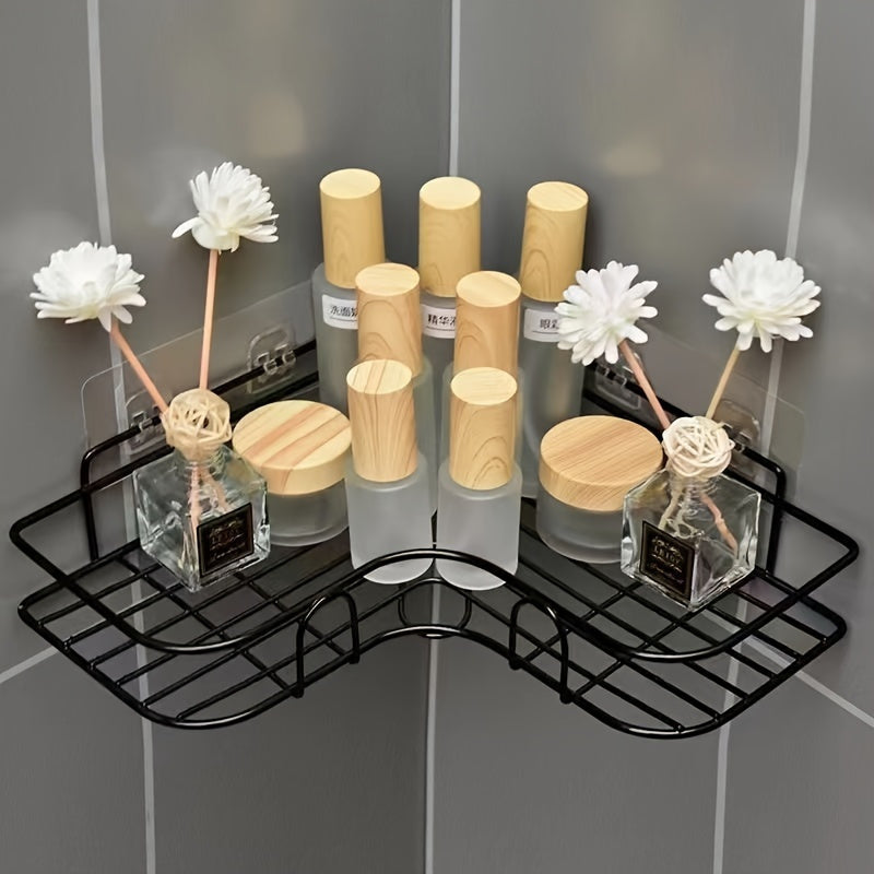 1 pieza, estante de ducha de esquina de acero inoxidable negro resistente a la herrumbre, soporte de almacenamiento de baño montado en la pared para champú, acondicionador, jabón corporal y cosméticos - No se necesita taladrar, acabado pulido, organizado