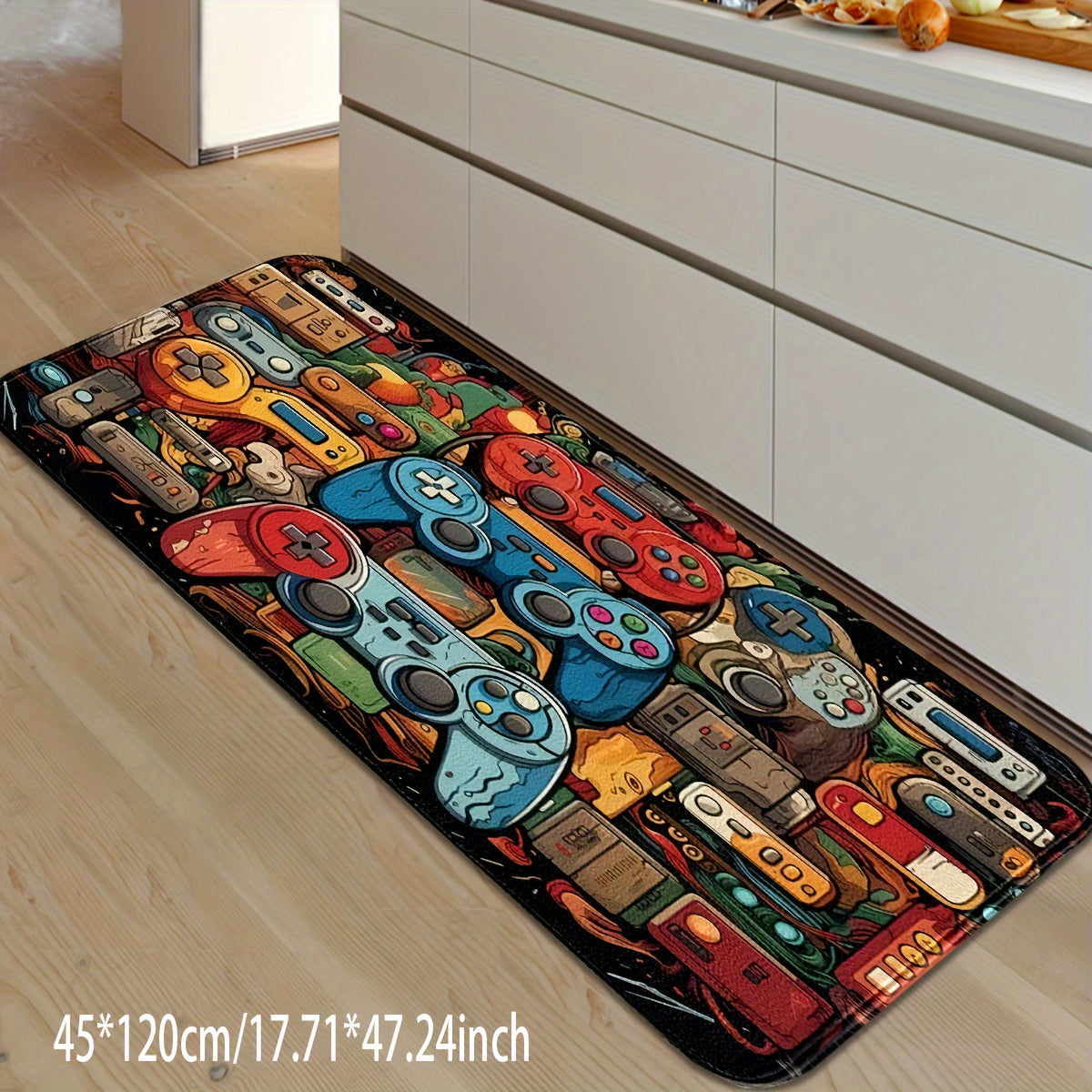 1 pieza de diseño de controlador de juegos FUSFEEL, alfombrilla de cocina antideslizante - Poliéster suave y duradero, varios tamaños para dormitorio, lavandería y sala de juegos - Estilo negro con gráficos de controlador de juegos coloridos, alfombrilla