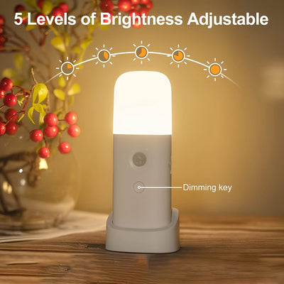 Una luz nocturna LED con detección de movimiento, carga USB y brillo ajustable, que cuenta con una batería recargable de 2000mAh incorporada, ideal para su uso portátil en salas de estar, dormitorios y pasillos.