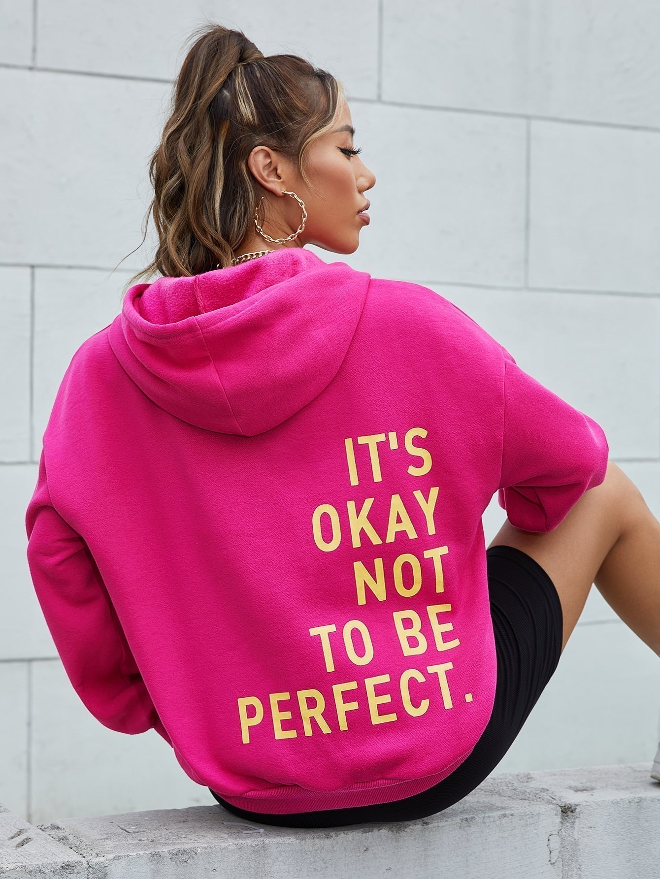 Ezwear sudadera con capucha casual de hombros caidos para mujer con estampado de eslogan, otono/invierno