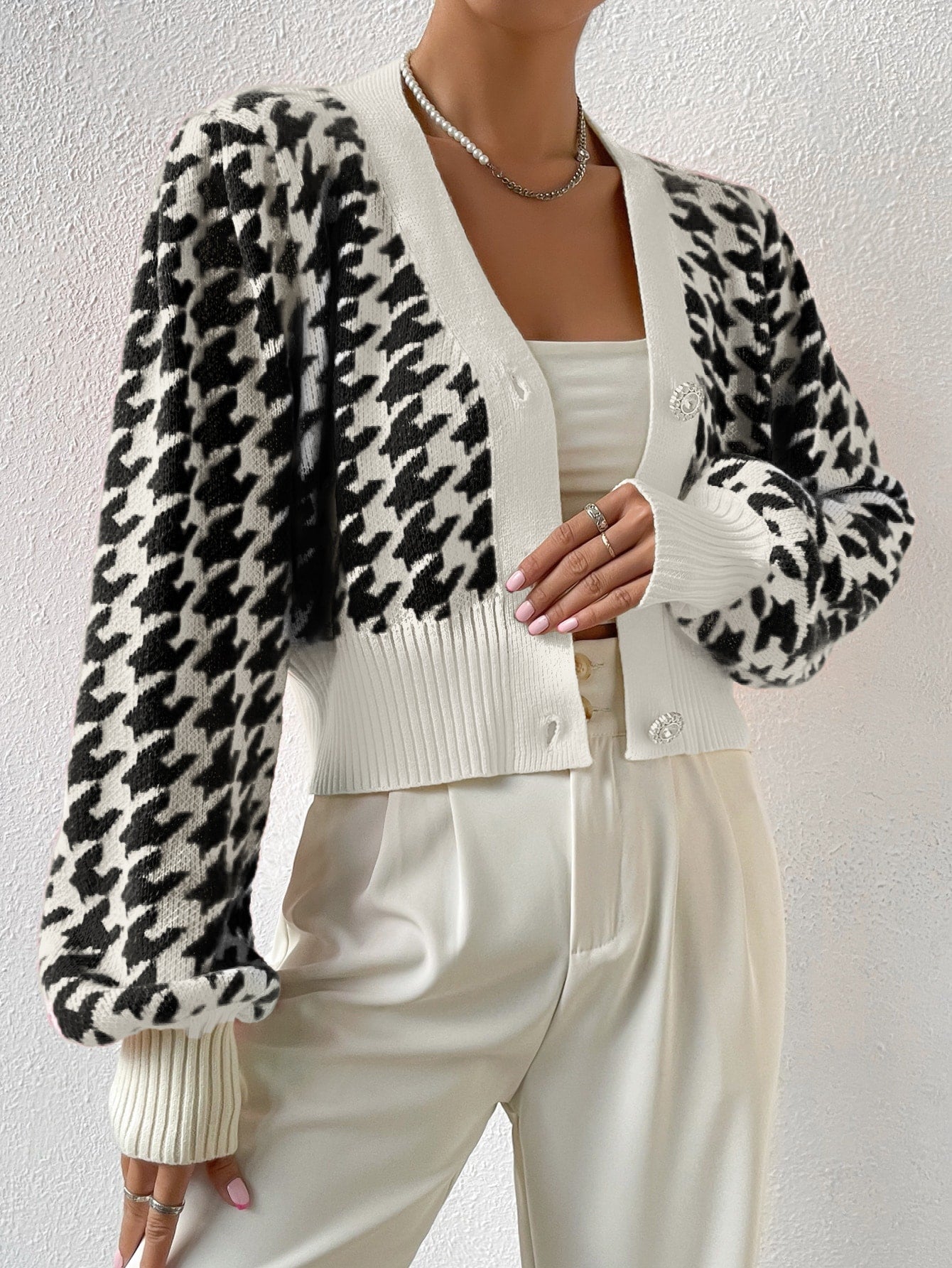 Essnce cardigan casual de mujer con botones y mangas de farol, dobladillo ancho y estampado de pata de gallo