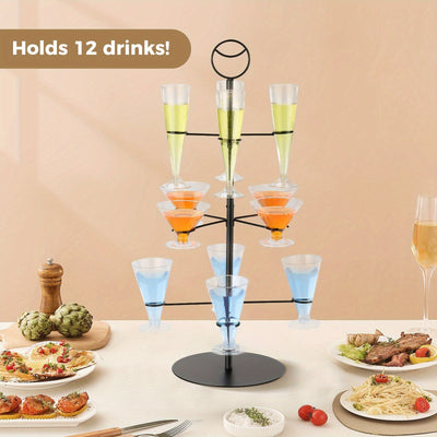 Elegante soporte de árbol de cóctel de 3 niveles con 12 soportes - Estante de exhibición de copas de champán con acabado negro para fiestas y eventos, construcción metálica, perfecto para organizar bebidas, soporte de árbol de cóctel