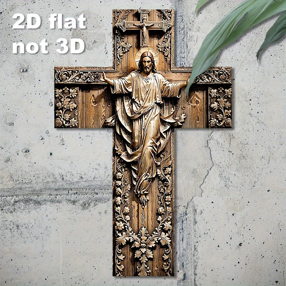 Crucifijo de Madera Artificial Regenerada Impreso en 2D con Patrones Florales - Arte Rústico Vintage para Navidad, Halloween, Pascua y Día de los Muertos - Decoración para Iglesia y Hogar, Plano en 2D