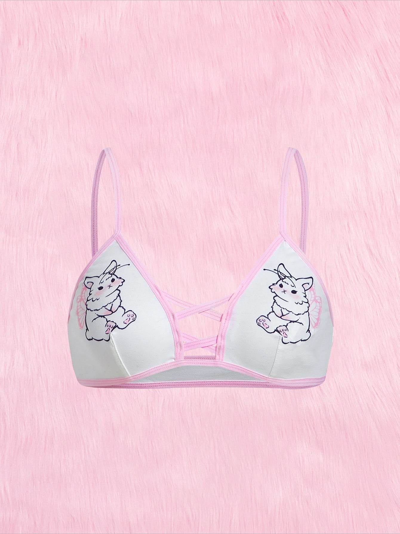 ROMWE Kawaii Sujetador con estampado de dibujos animados unido en contraste con tira cruzada