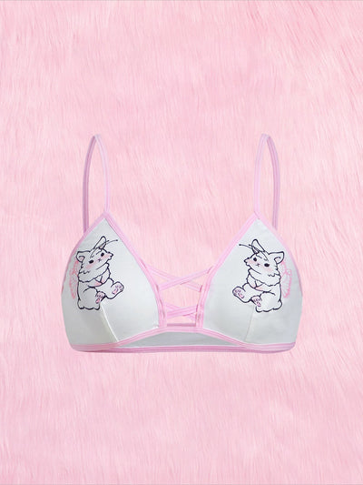 ROMWE Kawaii Sujetador con estampado de dibujos animados unido en contraste con tira cruzada