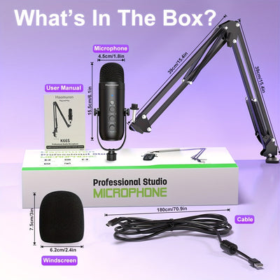 Micrófono USB Condensador, Kit de Micrófono para Juegos Haomuren con Brazo de Soporte, Micrófono Supercardioid con Botón de Silencio, Perilla de Aumento de Volumen de Eco, Ajuste de Monitor para Teléfono, PC, Computadora, Tableta, Streaming, Grabación, P