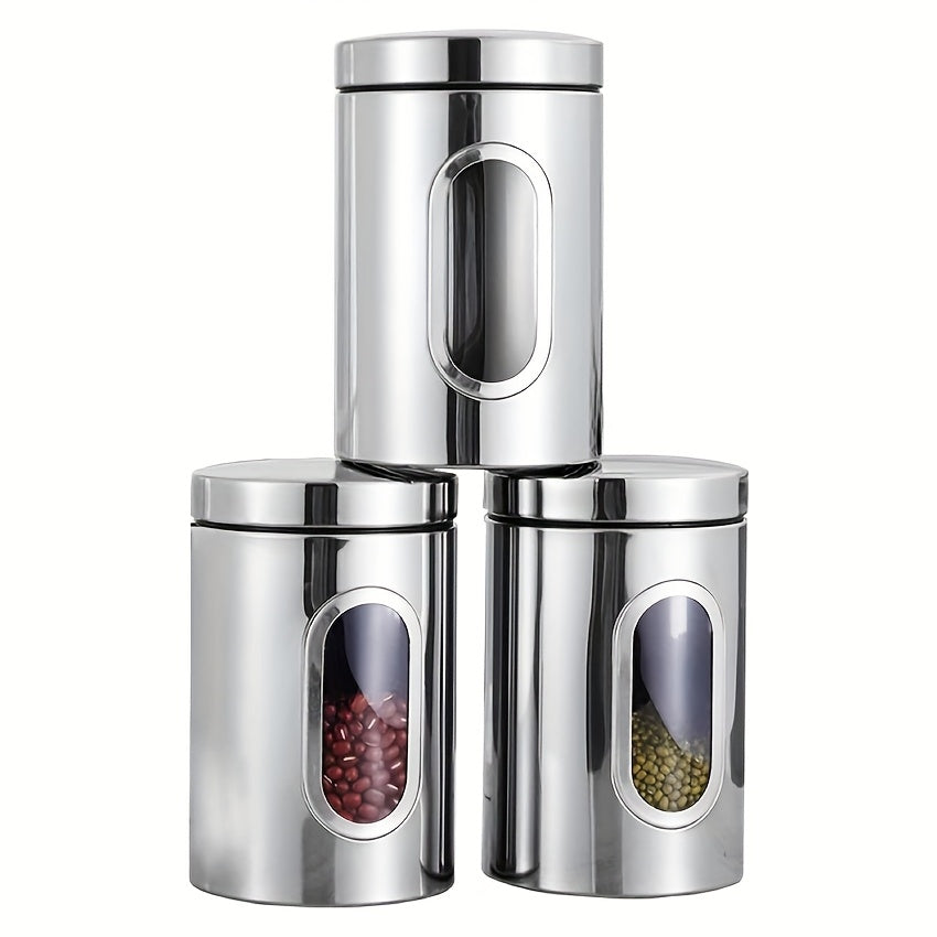 3 contenedores de acero inoxidable con ventana visible - Ideales para café, té, azúcar y granos - Reutilizables, organizador redondo de cocina con tapas abatibles, solución de almacenamiento para cocina|Vajilla moderna|Vajilla duradera