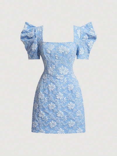 Mod vestido floral jacquard de cuello cuadrado de manga farol