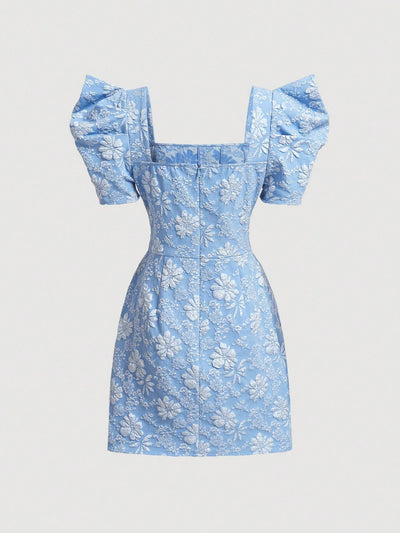 Mod vestido floral jacquard de cuello cuadrado de manga farol