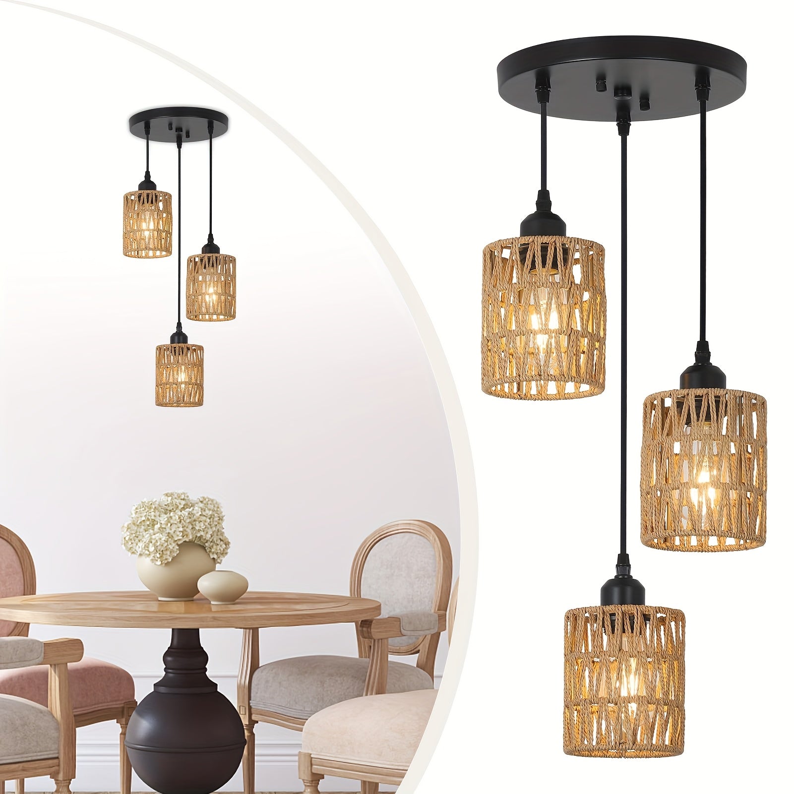 Colgante de Ratán Estilo Boho Chic con 3 Luces - Pantalla Tejida a Mano, Lámparas Colgantes Modernas, Ideal para Comedor de Granja, Isla de Cocina y Decoración del Dormitorio