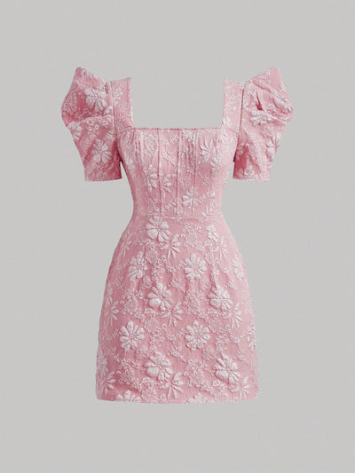 Mod vestido floral jacquard de cuello cuadrado de manga farol