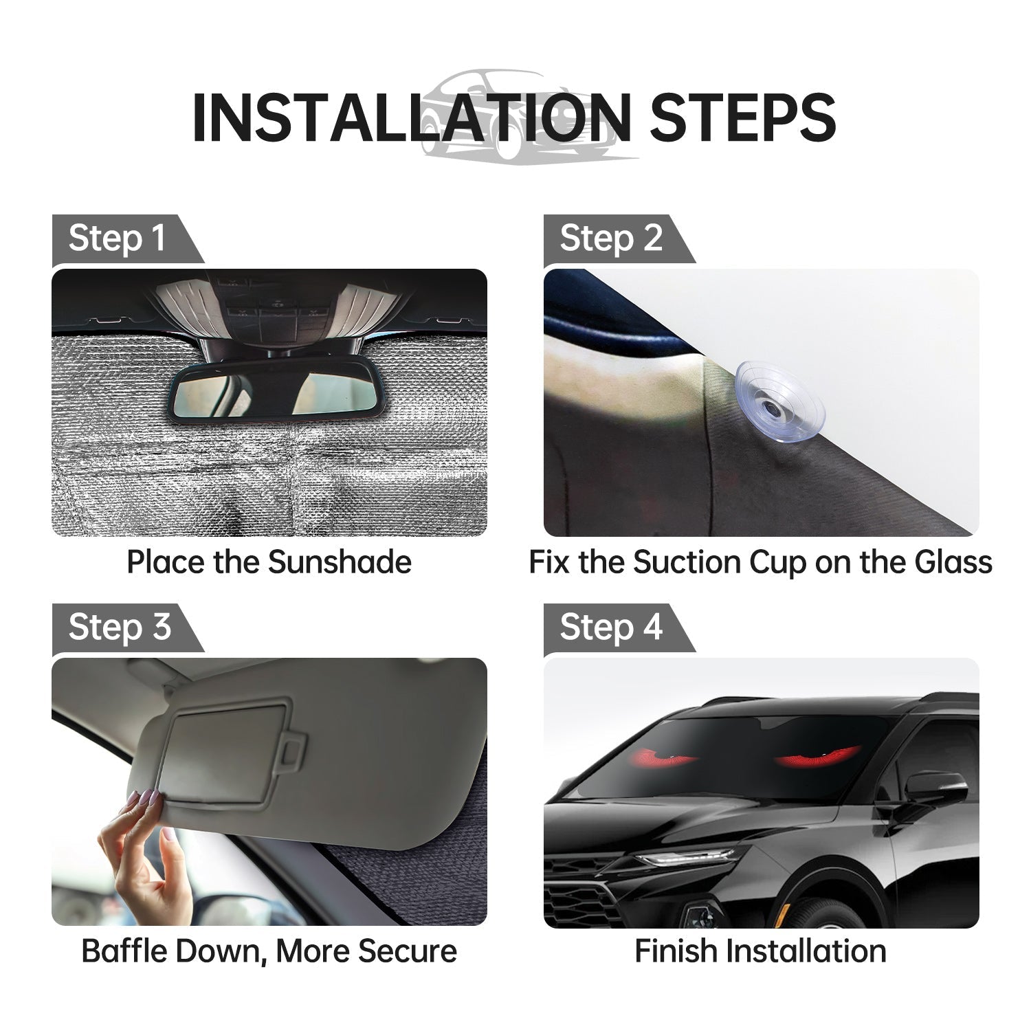 Parasol para Coche con Ojos Rojos, Bloquea los Rayos UV en el Parabrisas - Protector Plegable de Sol con 4 Ventosas Gratis Mantiene Fresco la Playa y Paisajes Costeros