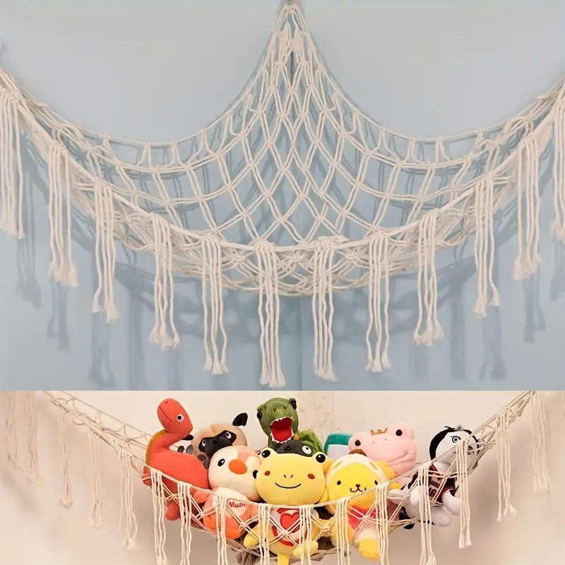 1pc Gran Hamaca de Red para Animales de Peluche Boho Chic de 139.7cm - Organizador de Esquina de Macramé Blanco con Borlas y Ganchos, Perfecto para Decoración de Dormitorio y Guardería, Hamaca para Animales de Peluche