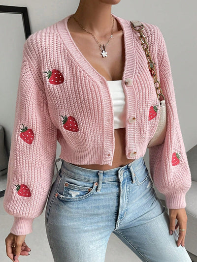 Moosta cardigan holgado de mujer con mangas farol, hombros caidos y bordado de fresa de estilo casual