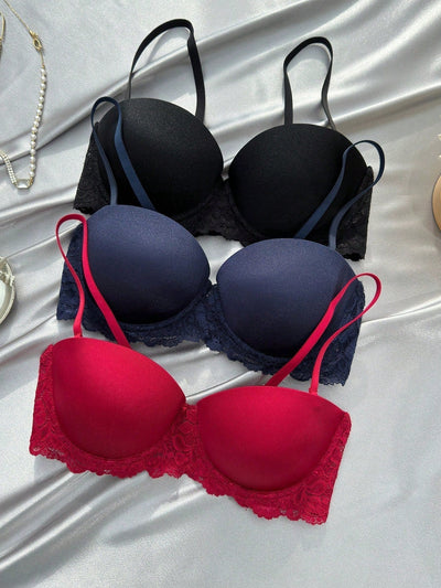 Underwear&sleepwear basics juego de lenceria de 3 piezas/set de sujetador de contraste de encaje de unicolor para mujer