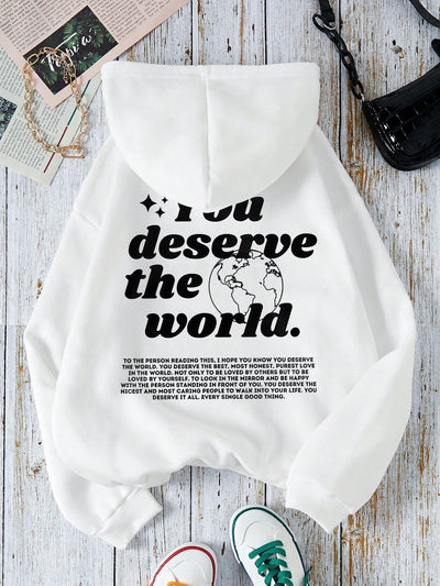 Ezwear capucha con estampado de slogan con bolsillo de canguro con cordon con forro termico