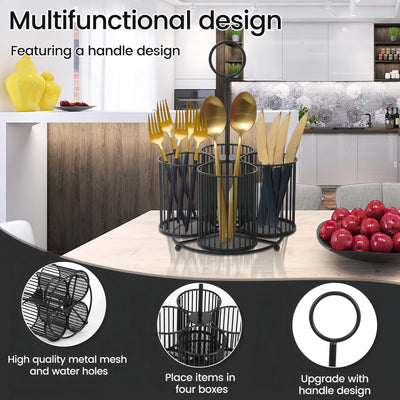 Porta Utensilios de Cocina, Organizador de Cubiertos Grande, Estante Metálico para Utensilios con 4 Secciones, Ideal para Mesa de Cocina