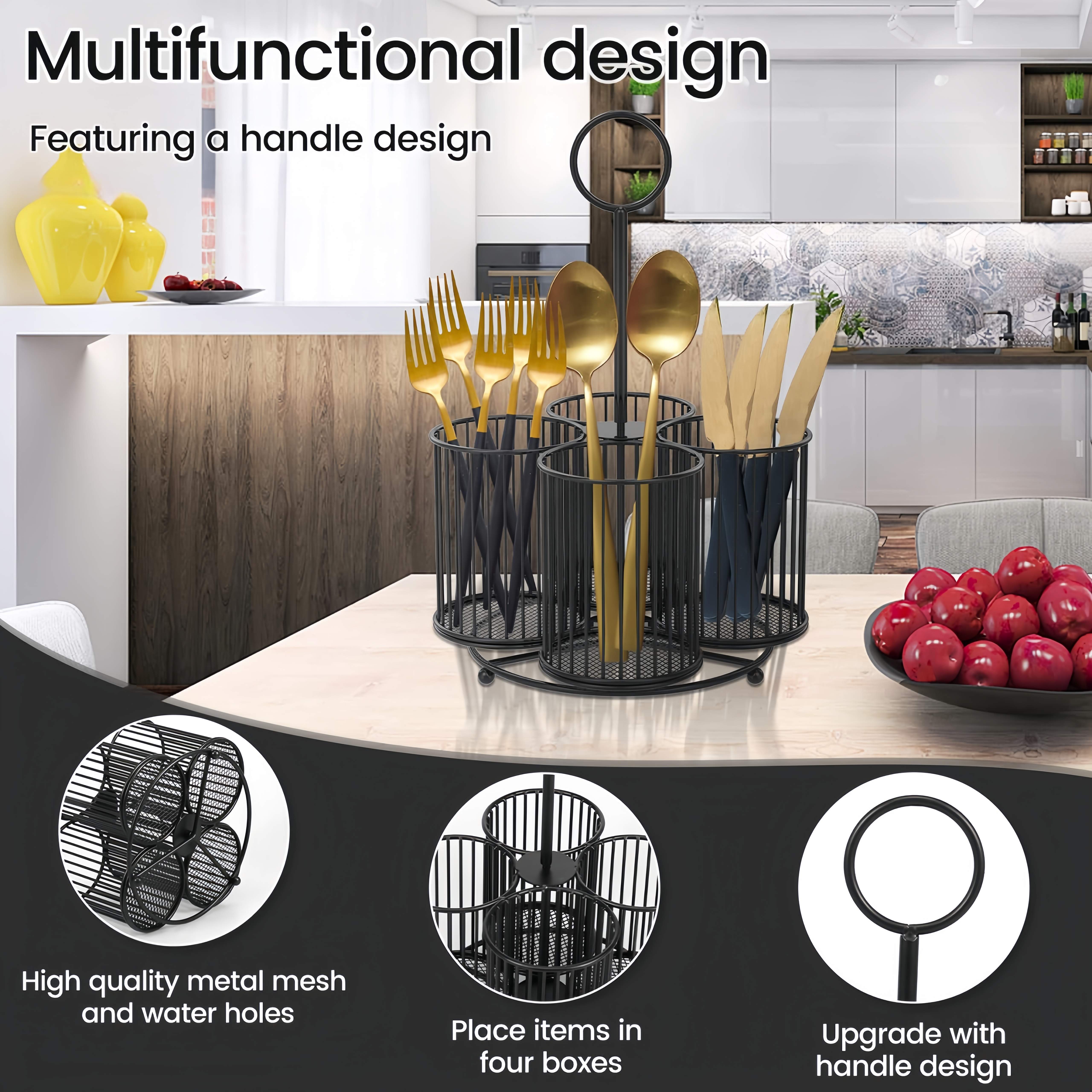 Porta Utensilios de Cocina, Organizador de Cubiertos Grande, Estante Metálico para Utensilios con 4 Secciones, Ideal para Mesa de Cocina