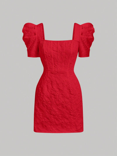 Mod vestido floral jacquard de cuello cuadrado de manga farol