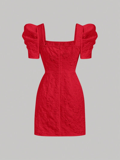 Mod vestido floral jacquard de cuello cuadrado de manga farol