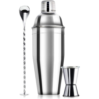 Juego de coctelera de acero inoxidable de 24 oz con jigger y cuchara mezcladora - Kit de barman profesional con colador incorporado para Martini, Margarita y mezcla de bebidas