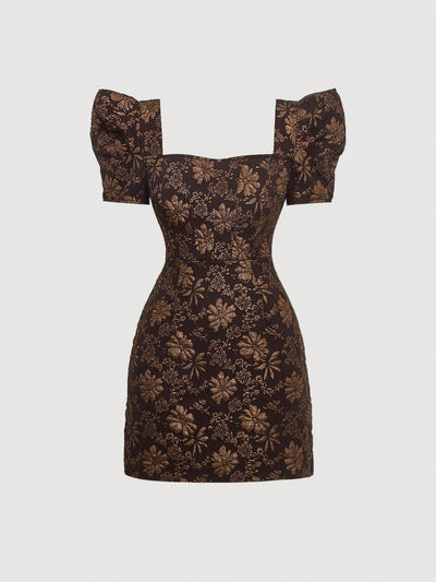 Mod vestido floral jacquard de cuello cuadrado de manga farol