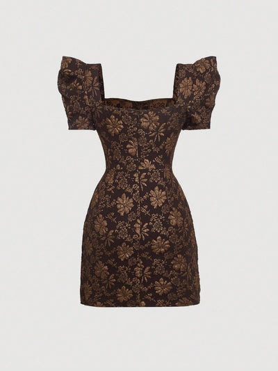Mod vestido floral jacquard de cuello cuadrado de manga farol