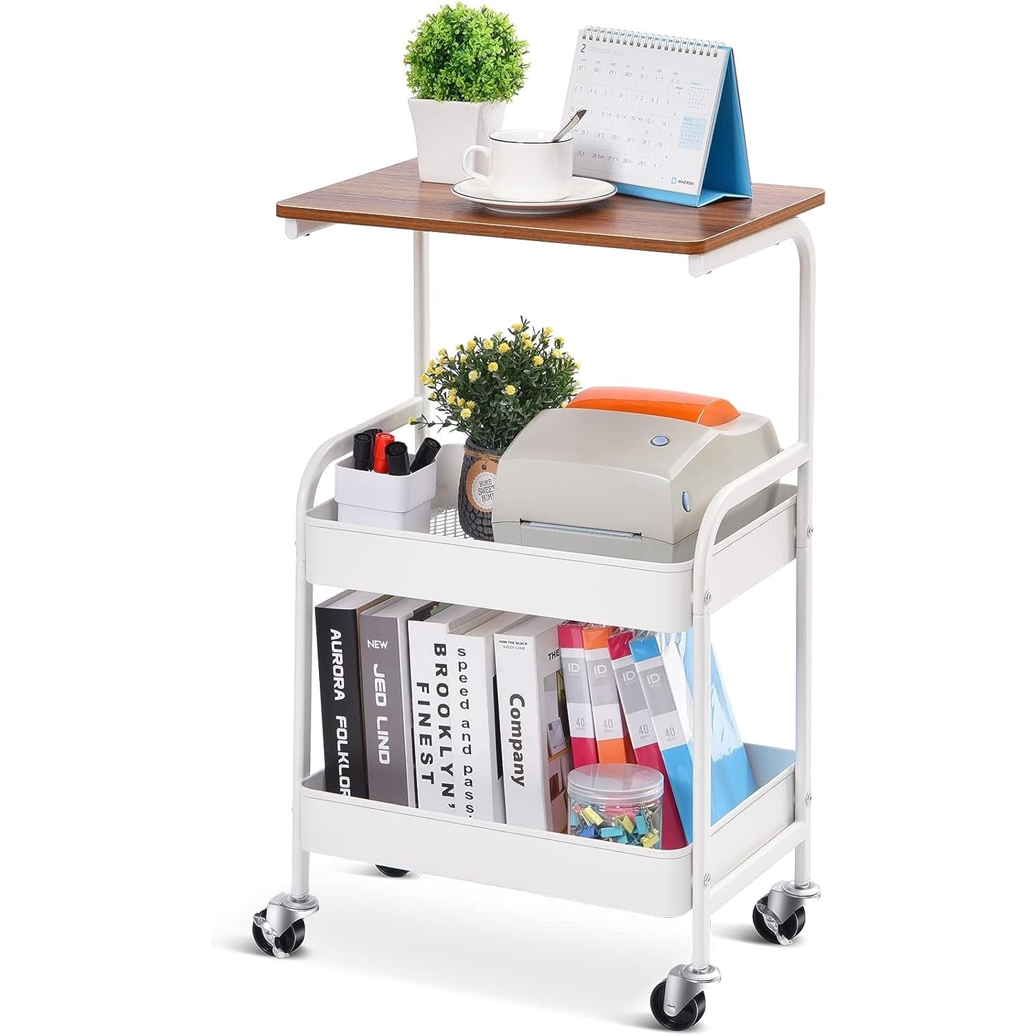 Carro de Utilidad de 3 Niveles TOOLF con Tapete de Madera - Estructura Metálica Resistente, Ruedas Bloqueables y Almacenamiento Adicional - Carrito Organizador Negro Versátil para Cocina, Oficina, Aula, Carrito de Almacenamiento Rodante