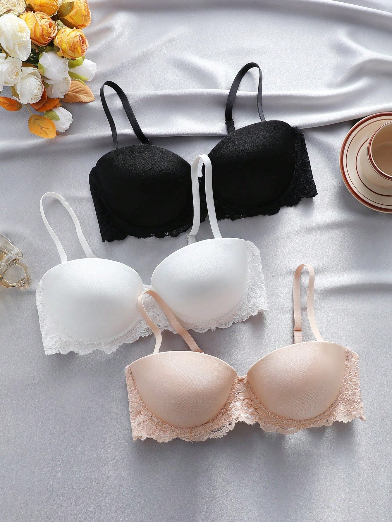 Underwear&sleepwear basics juego de lenceria de 3 piezas/set de sujetador de contraste de encaje de unicolor para mujer