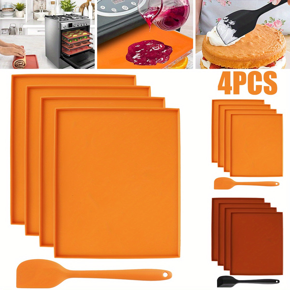 Juego de 4 Tapetes Deshidratadores Antiadherentes con Bordes Elevados y Raspador de Silicona - Apto para Lavavajillas, Hojas Reutilizables de Grado Alimenticio para Frutas, Verduras, Hierbas en Cuero Sintético - 30.48x25.4 cm, Seguros para Horno y Microo