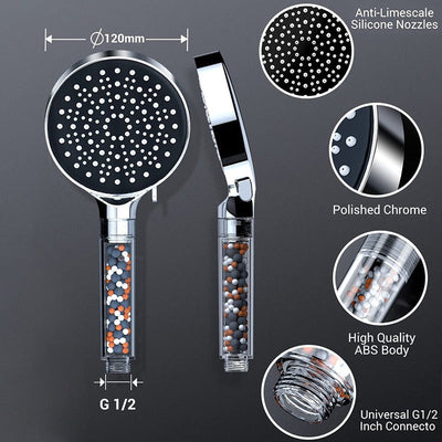 1 pieza de cabeza de ducha ahorradora de agua de acero inoxidable con filtro de cuentas, 6 modos ajustables de pulverización de alta presión, forma redonda, accesorios de baño, cabeza de ducha para baño.