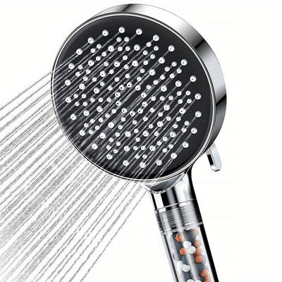 1 pieza de cabeza de ducha ahorradora de agua de acero inoxidable con filtro de cuentas, 6 modos ajustables de pulverización de alta presión, forma redonda, accesorios de baño, cabeza de ducha para baño.
