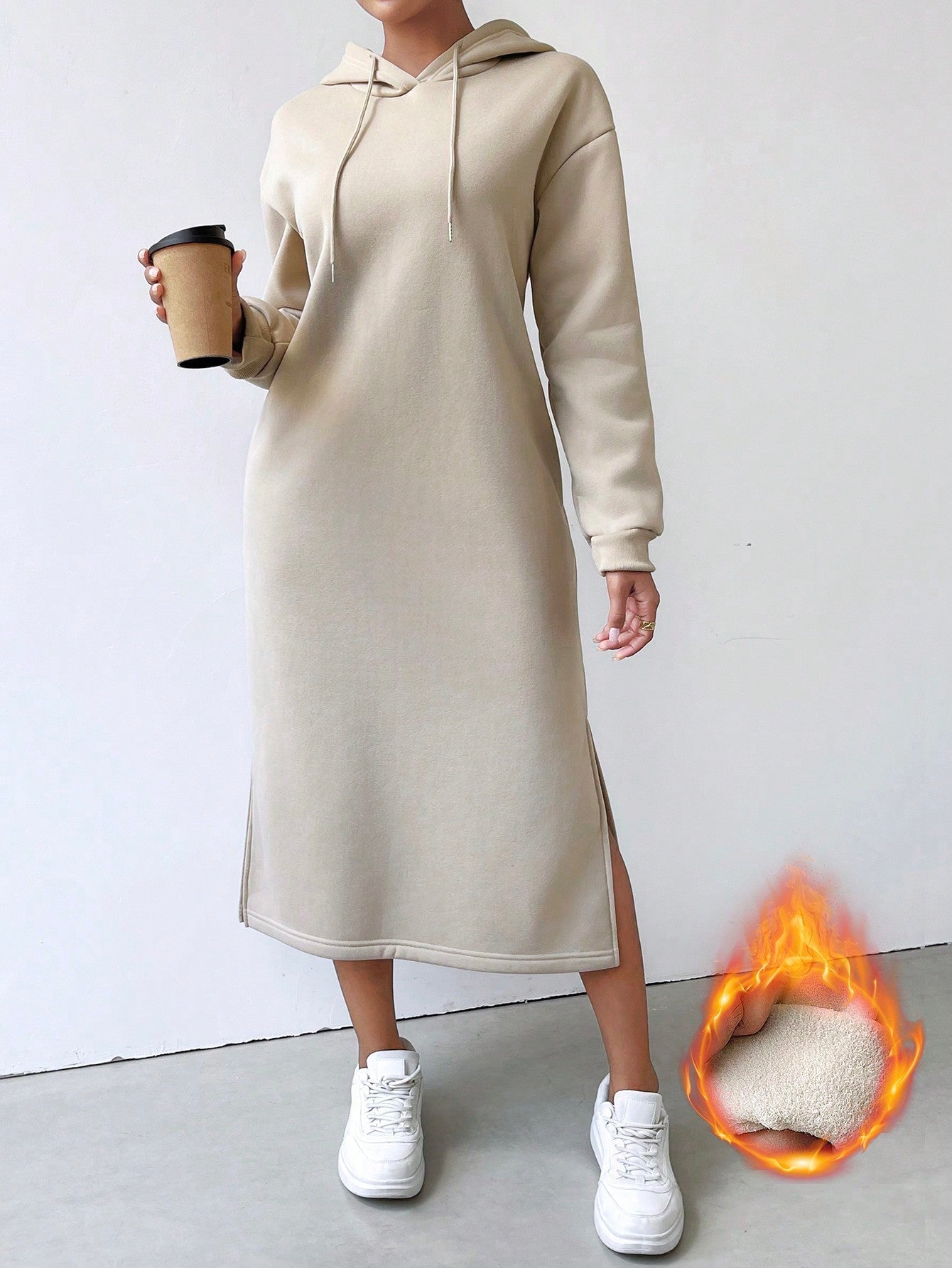 Lune vestido con capucha de manga larga, bolsillo y unicolor minimalista para mujer