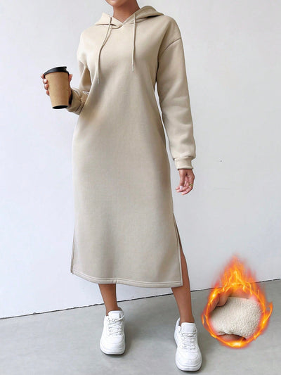 Lune vestido con capucha de manga larga, bolsillo y unicolor minimalista para mujer