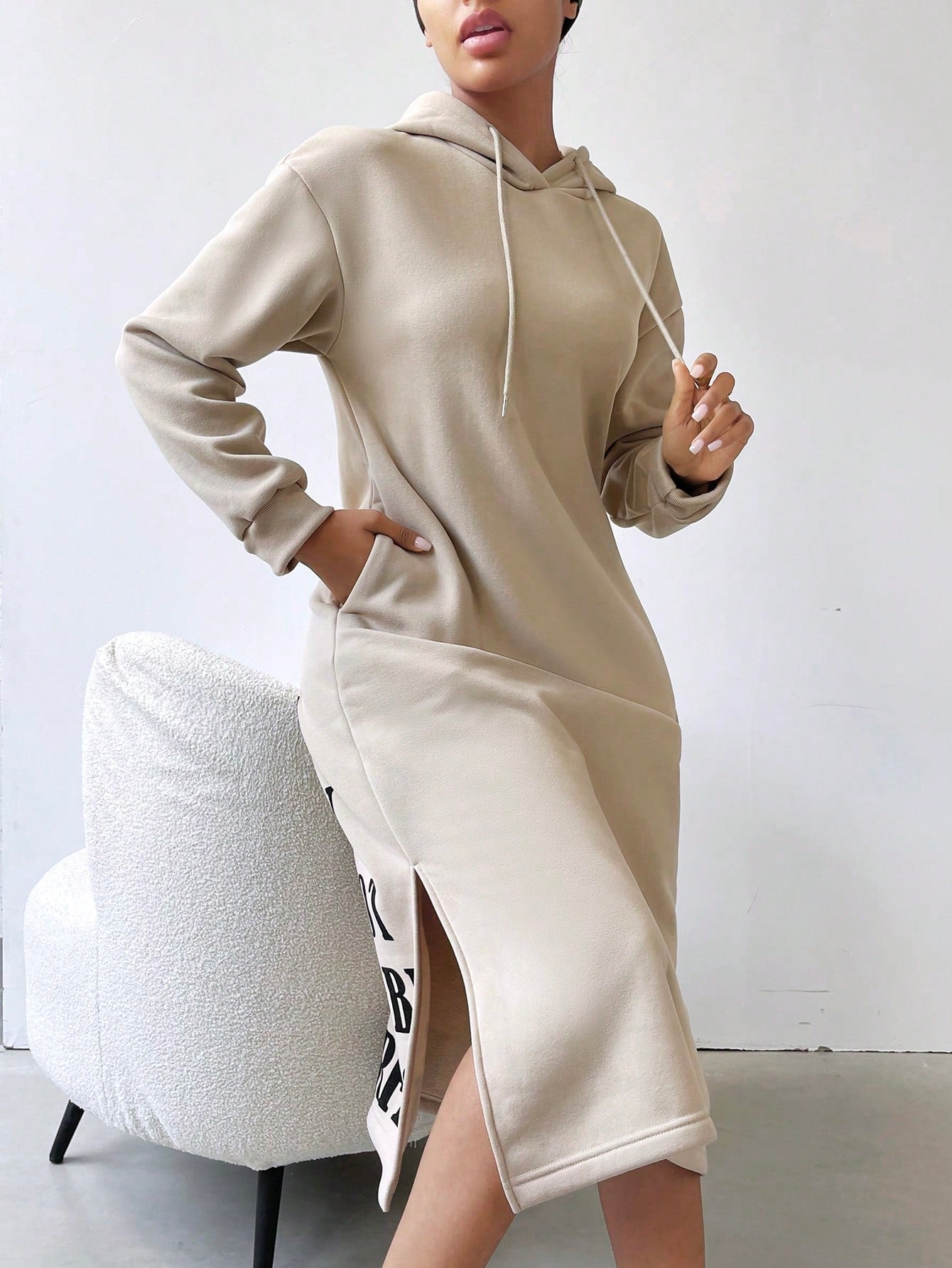 Lune vestido con capucha de manga larga, bolsillo y unicolor minimalista para mujer