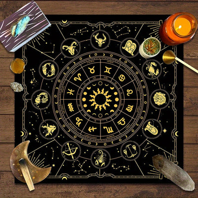 1 mantel de mesa de tarot con signos del zodiaco - 12 paños de altar de adivinación de constelaciones, tapete de cartas de oráculo de astrología, poliéster, para decoración de salas de juegos y dormitorios, decoración de astrología