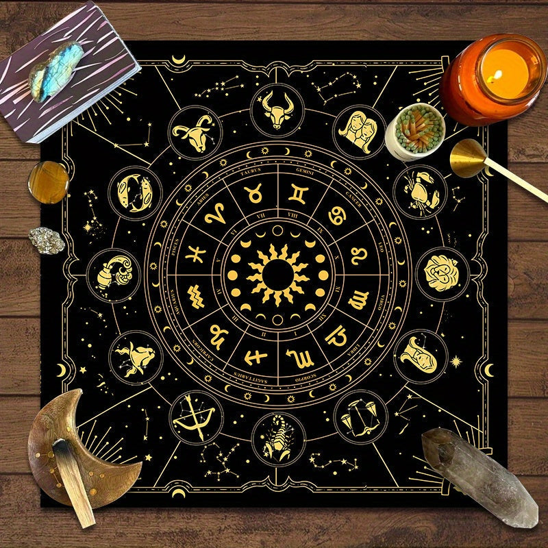 1 mantel de mesa de tarot con signos del zodiaco - 12 paños de altar de adivinación de constelaciones, tapete de cartas de oráculo de astrología, poliéster, para decoración de salas de juegos y dormitorios, decoración de astrología