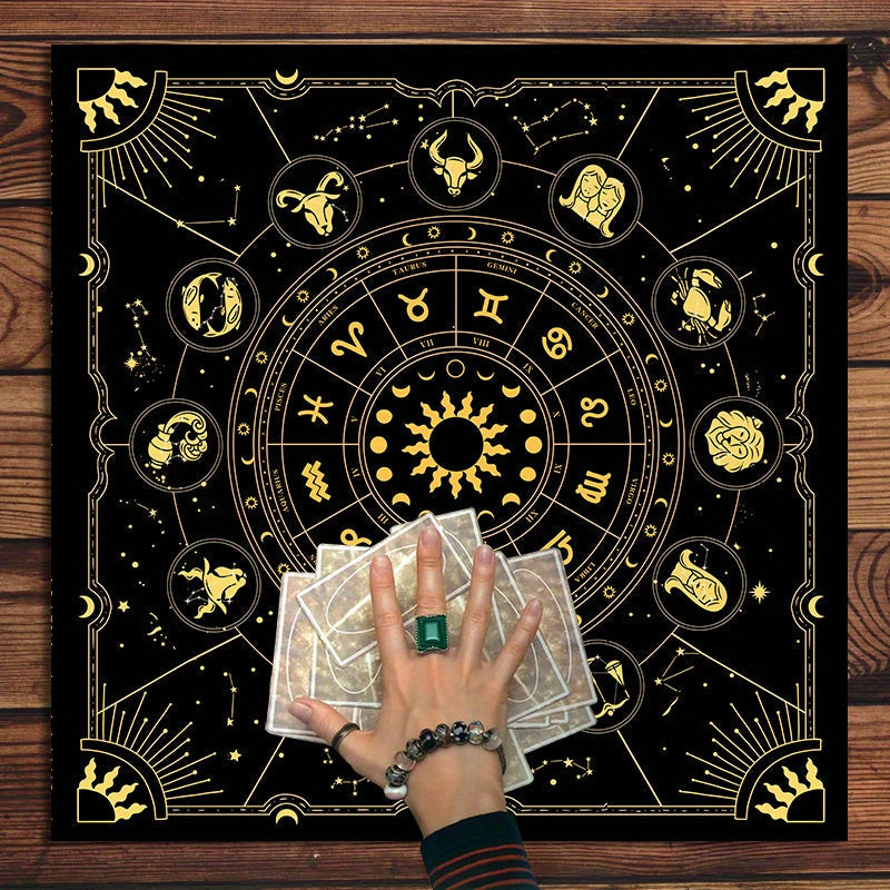 1 mantel de mesa de tarot con signos del zodiaco - 12 paños de altar de adivinación de constelaciones, tapete de cartas de oráculo de astrología, poliéster, para decoración de salas de juegos y dormitorios, decoración de astrología