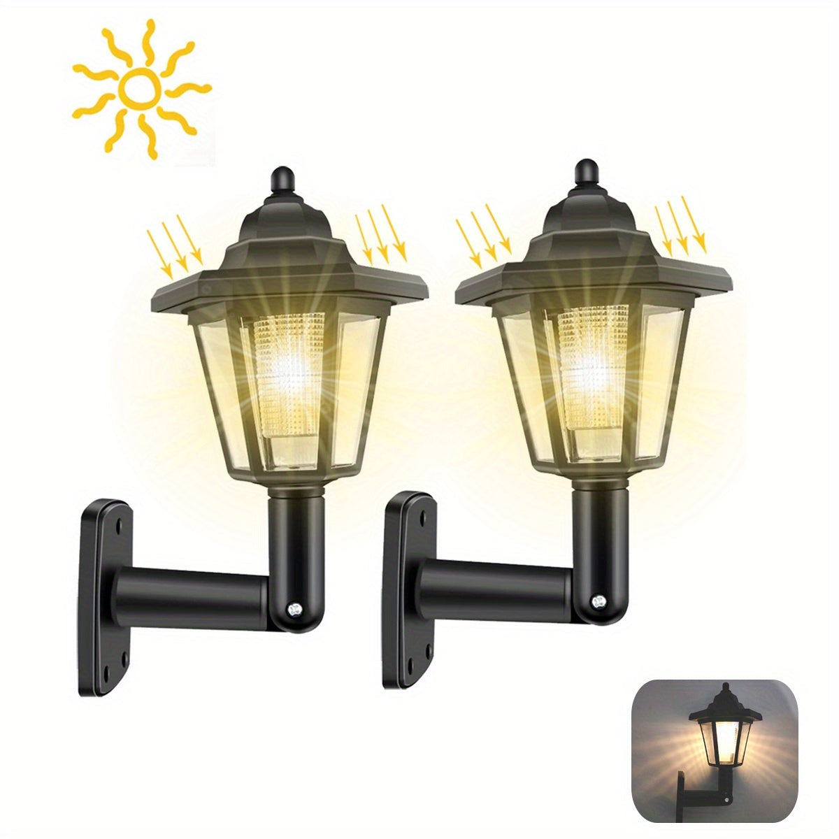 2 piezas Luces LED Solares Hexagonales para Exterior - Diseño de Linterna Vintage, Alimentadas por Sol con Batería de Niquel Recargable, Montaje Semi-Flush para Iluminación de Jardín, Patio y Pasillos, Luces Solares para Exterior, Iluminación de Patio, D